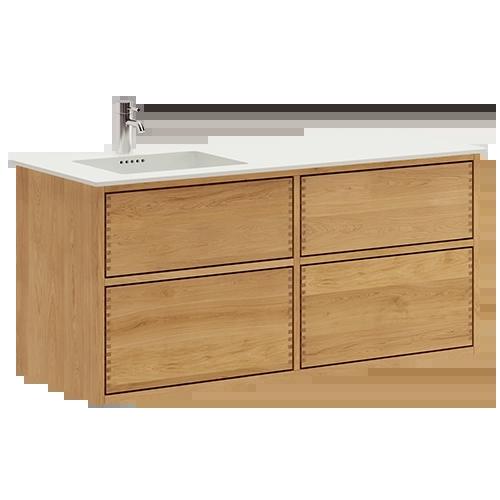 120 cm Ljusoljeret Just Wood Push badrumsmöbel med 4 lådor och Solid Surface bänkskiva - Vänster