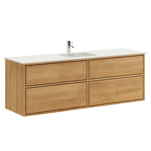 160 cm Just Wood Push badrumsmöbel med 4 lådor och Solid Surface bordsskiva - Dubbelt handfat