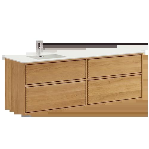 160 cm Ljusoljeret Just Wood Push badrumsmöbel med 4 lådor och Solid Surface bänkskiva - Vänster