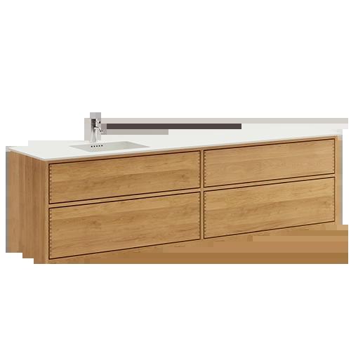 200 cm Ljusoljeret Just Wood Push badrumsmöbel med 4 lådor och Solid Surface bänkskiva - Vänster