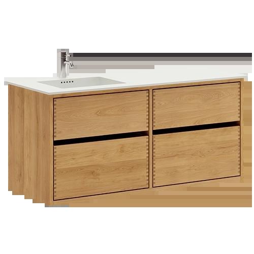 120 cm Ljusoljeret Just Wood Original badrumsmöbel med 4 lådor och Solid Surface bänkskiva - Vänster