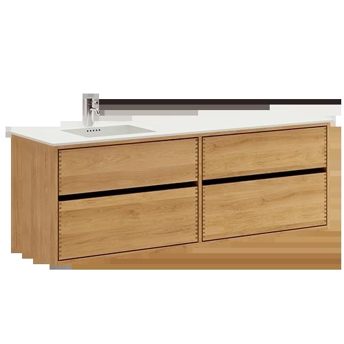 160 cm Ljusoljeret Just Wood Original badrumsmöbel med 4 lådor och Solid Surface bänkskiva - Vänster