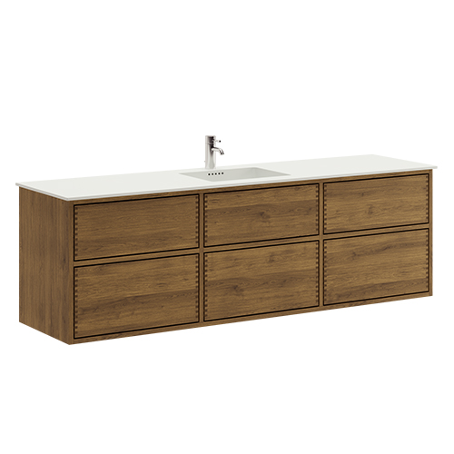176 cm Mörkoljad Just Wood Push badrumsmöbel med 3x 60 cm lådor och Solid Surface bordsskiva