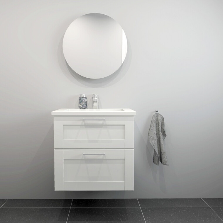 Badrumskommod med handfat i vit gjutmarmor B: 62 cm<br> Välj mellan flera fronter